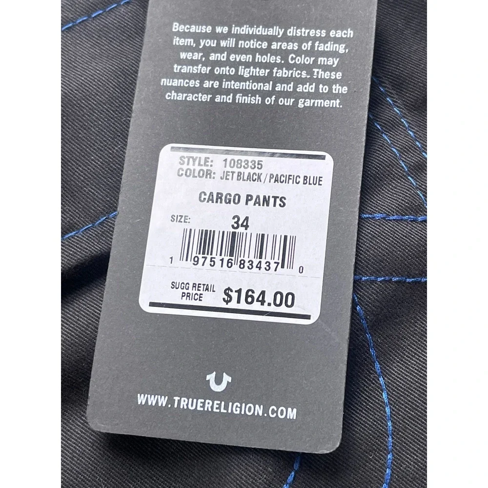 True Religion Mens Cargo Pants Jet Black Pacific Blue Contrast Stitch 34W New